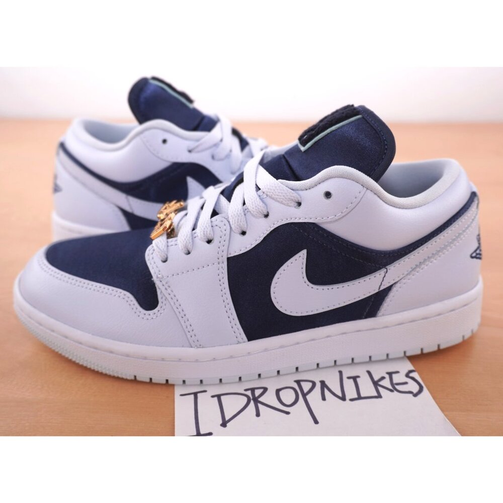 Nike Women's Air Jordan 1 Low SE Football Grey/Midnight Navy NEW with charms